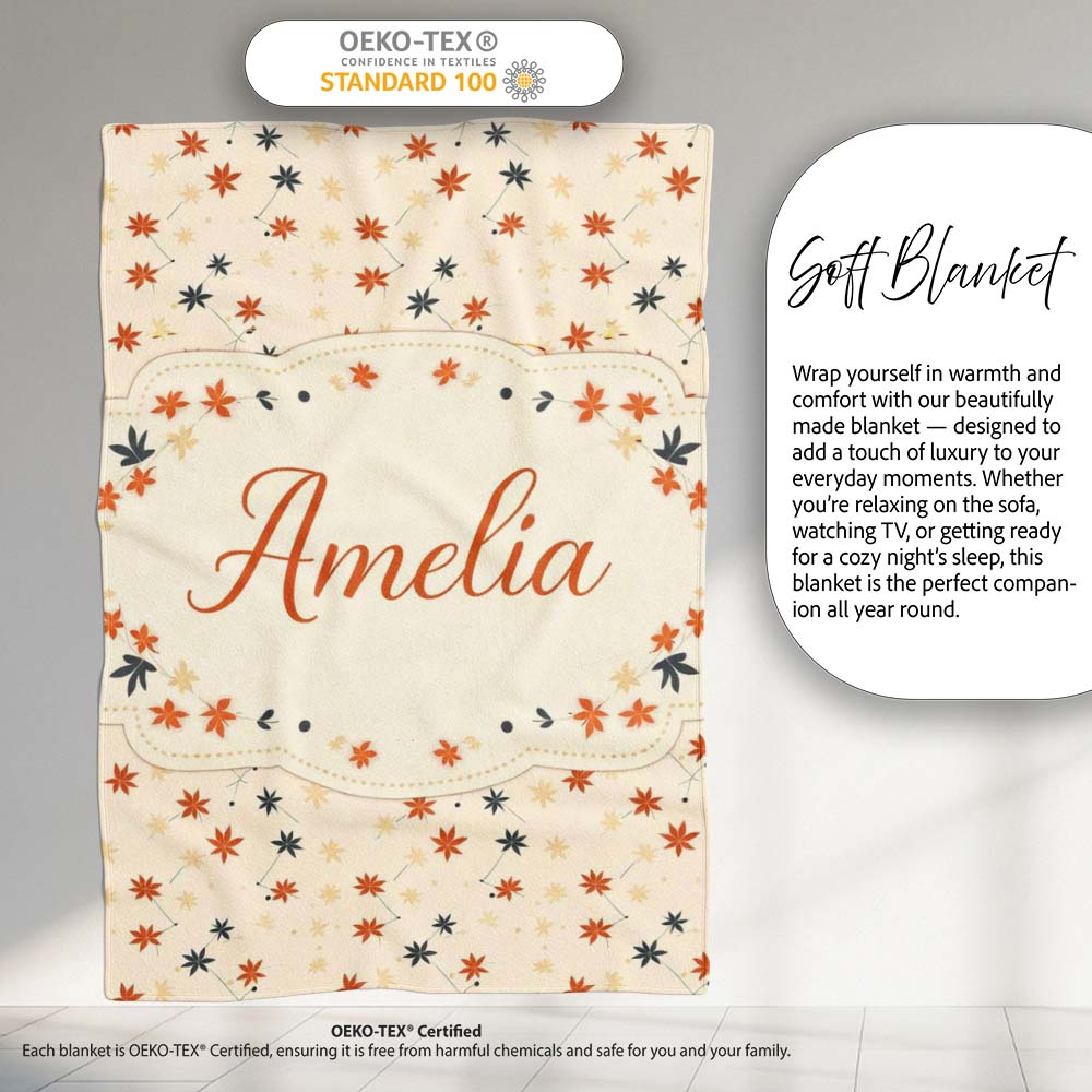 Small Stylised Autumn Leaves in Red and Dark Teal on Beige Lovely Personalised Custom Name Super Soft Fleece Blanket Bed Sofa Throw
