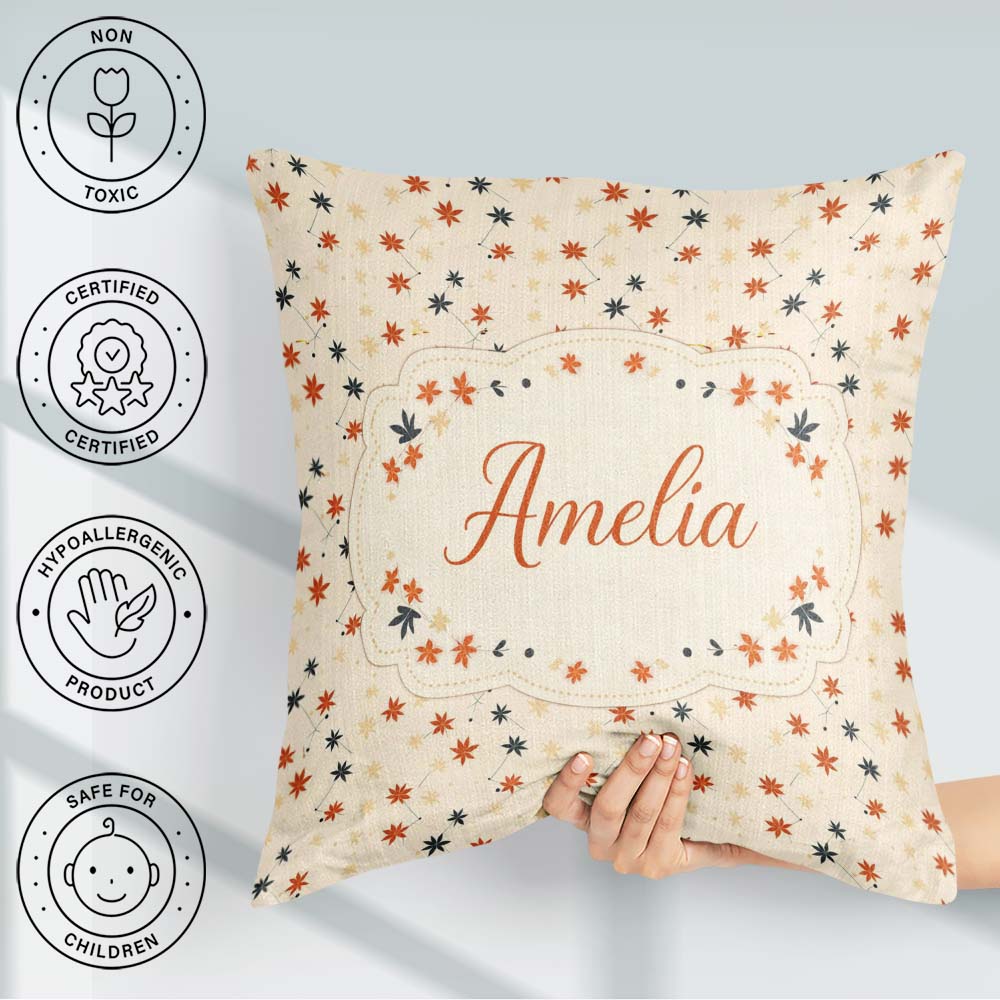 Custom Name Small Stylised Autumn Leaves in Red and Dark Teal on Square Filled Cushion Throw Pillow Sofa Bed Home Decor Zip Washable UK Made