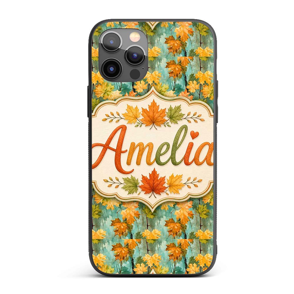 Watercolour Golden Maple Leaves on Teal Painterly Custom Name Protective Phone Case Mobile Cover Durable Everyday Smartphone Shock Resistant