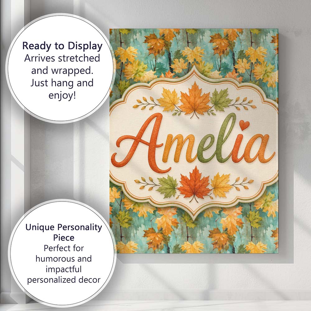 Personalised Name Watercolour Golden Maple Custom Unique Gift Idea Elegant Feature Canvas Wall Art Print Decor Picture Ready to Hang