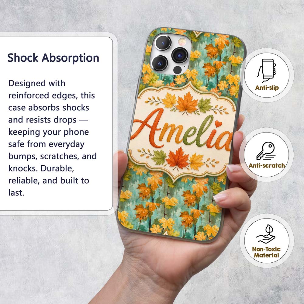 Watercolour Golden Maple Leaves on Teal Painterly Custom Name Protective Phone Case Mobile Cover Durable Everyday Smartphone Shock Resistant