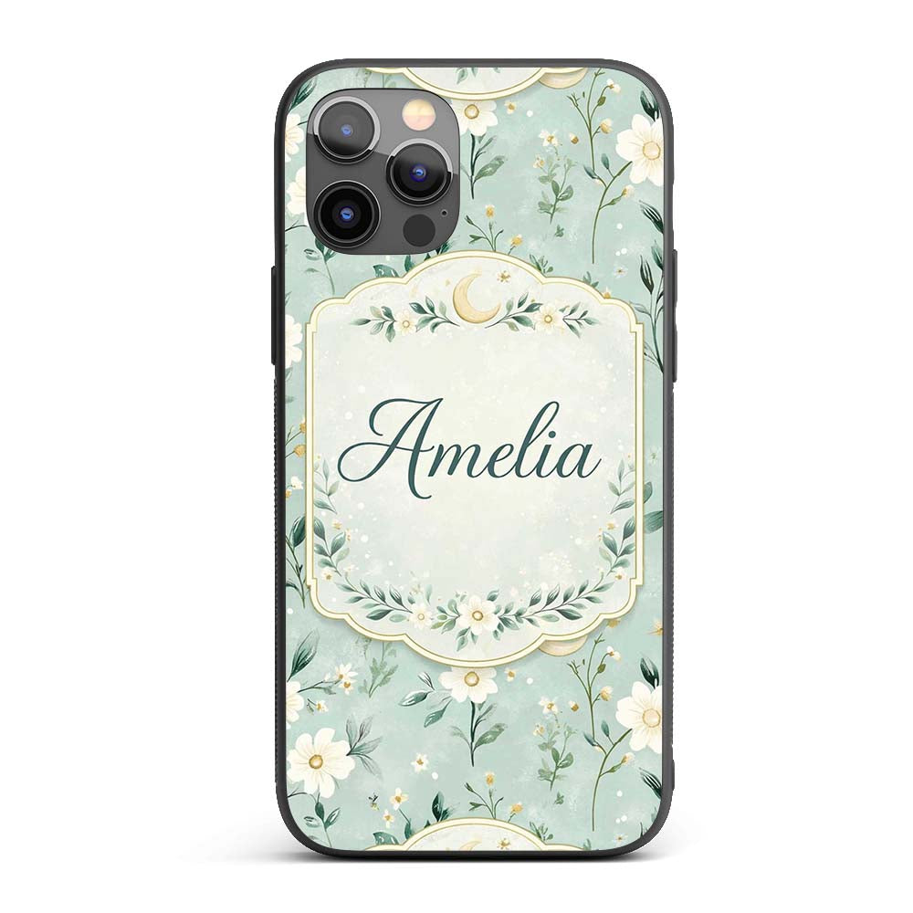 Green Floral Moon Seamless Pattern Charming Decor Custom Name Protective Phone Case Mobile Cover Durable Everyday Smartphone Shock Resistant