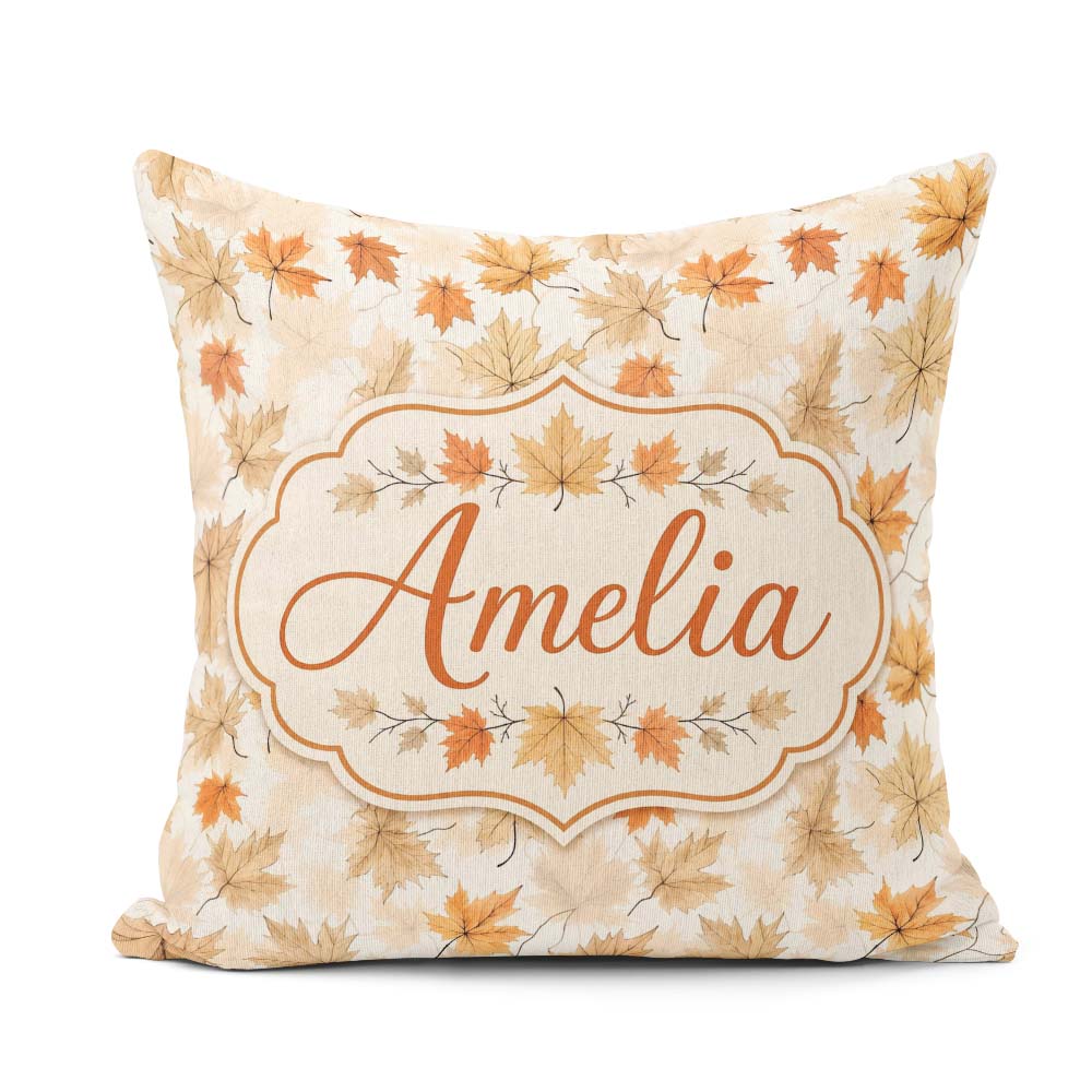 Custom Name Autumn Maple Leaves in Soft Beige and Tones on Light Square Filled Cushion Throw Pillow Sofa Bed Home Decor Zip Washable UK Made