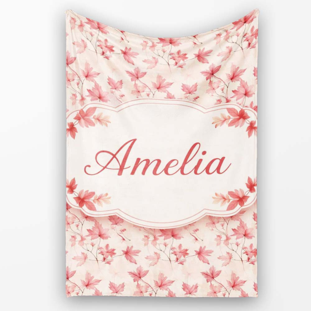 Blush Pink Maple Leaf Branches on Soft Cream Background Lovely Personalised Custom Name Super Soft Fleece Blanket Bed Sofa Throw