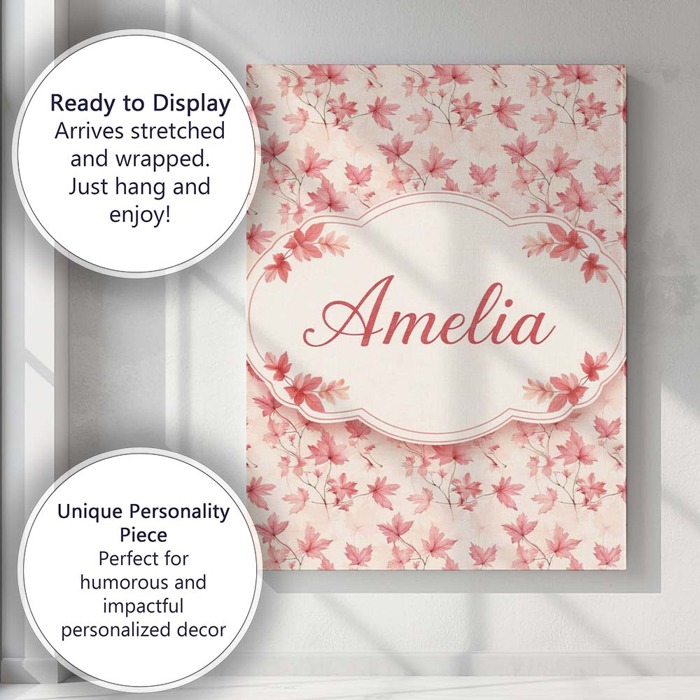 Personalised Name Blush Pink Maple Leaf Custom Modern Room Accent Elegant Feature Canvas Wall Art Print Decor Picture Ready to Hang