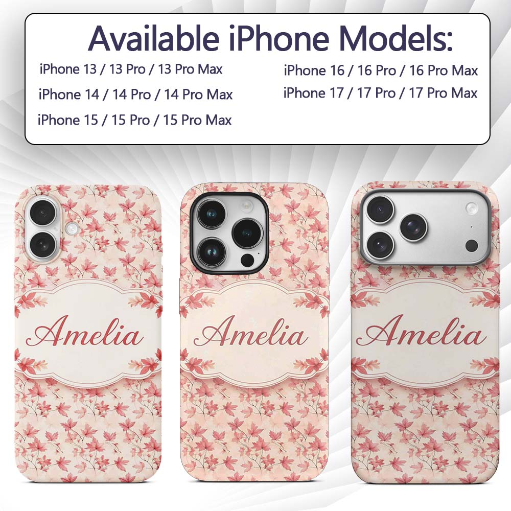 Blush Pink Maple Leaf Branches on Soft Cream Custom Name Protective Phone Case Mobile Cover Durable Everyday Smartphone Shock Resistant