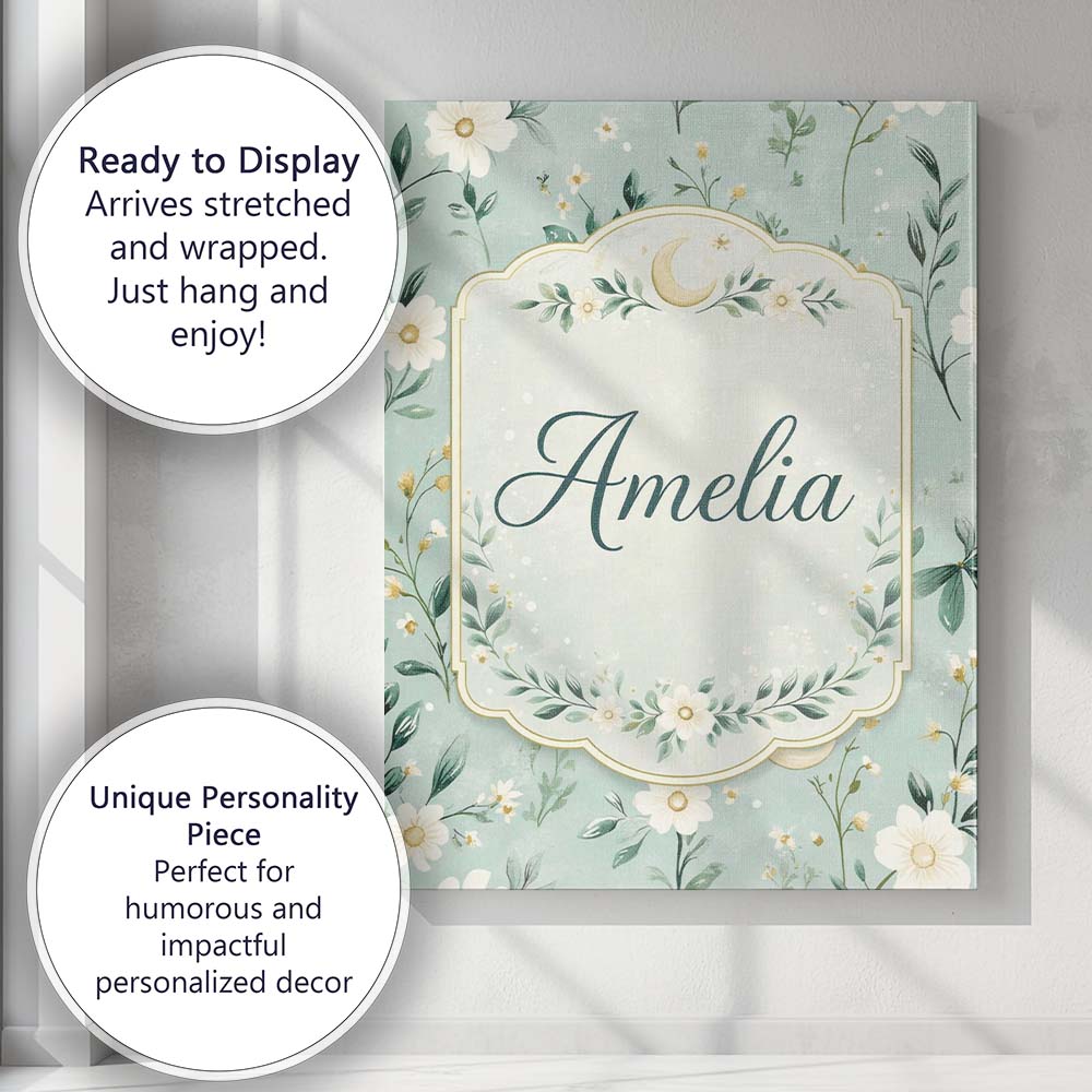 Personalised Name Green Floral Moon Seamless Pattern Charming Custom Home Unique Canvas Wall Art Print Decor Picture Ready to Hang