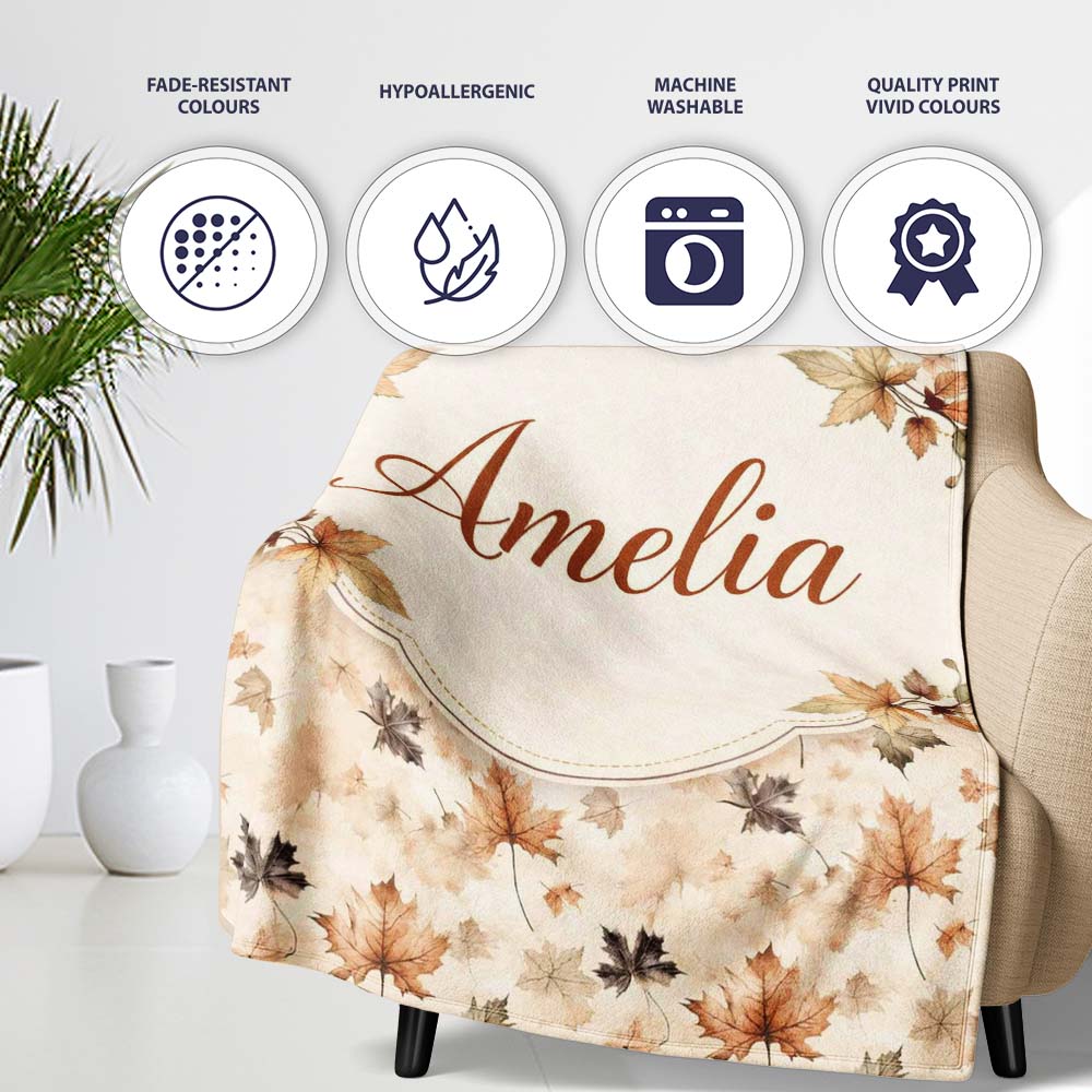 Vintage Style Autumn Leaves in Muted Brown and Taupe Tones on Cream Personalised Custom Name Super Soft Fleece Blanket Bed Sofa Throw