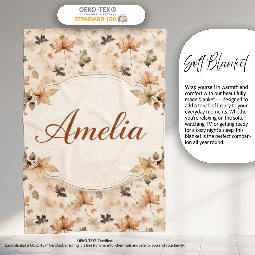 Vintage Style Autumn Leaves in Muted Brown and Taupe Tones on Cream Personalised Custom Name Super Soft Fleece Blanket Bed Sofa Throw
