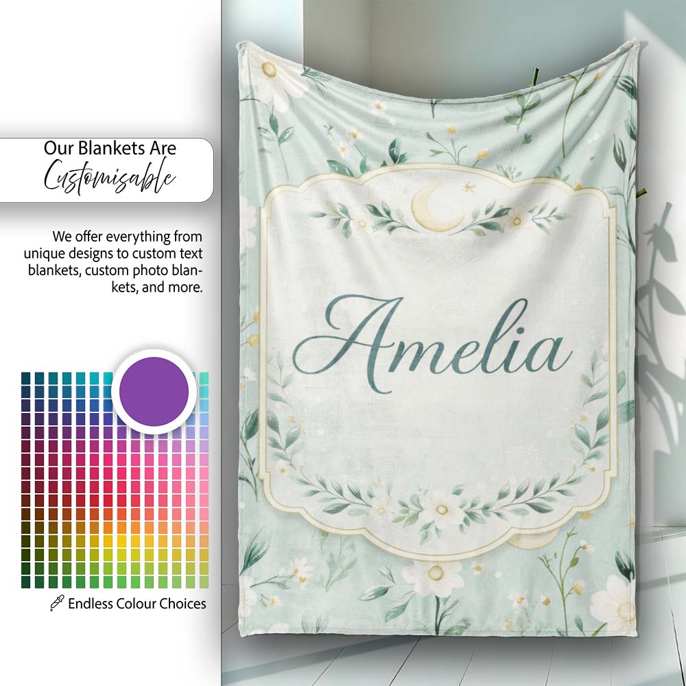 Green Floral Moon Seamless Pattern Charming Decor Lovely Personalised Custom Name Super Soft Fleece Blanket Bed Sofa Throw