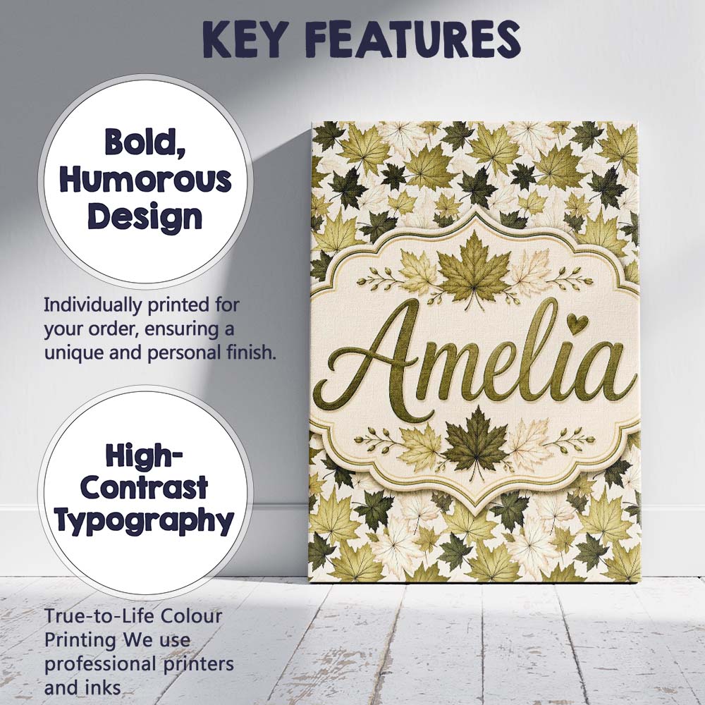 Personalised Name Green and Cream Maple Custom Modern Room Accent Elegant Feature Canvas Wall Art Print Decor Picture Ready to Hang
