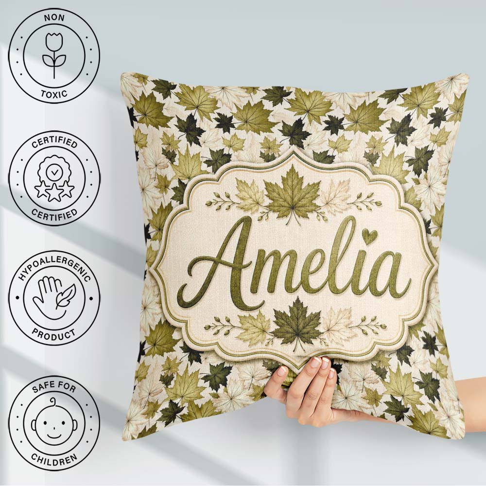 Custom Name Green and Cream Maple Leaf Pattern with Style Lovely Square Filled Cushion Throw Pillow Sofa Bed Home Decor Zip Washable UK Made