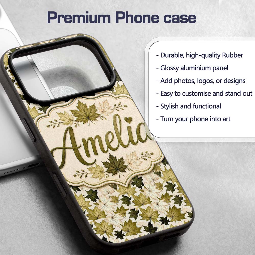 Green and Cream Maple Leaf Pattern with Natural Custom Name Protective Phone Case Mobile Cover Durable Everyday Smartphone Shock Resistant