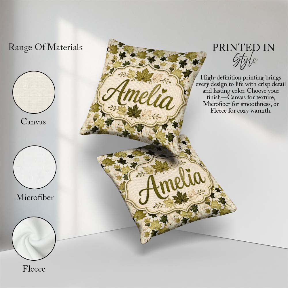 Custom Name Green and Cream Maple Leaf Pattern with Style Lovely Square Filled Cushion Throw Pillow Sofa Bed Home Decor Zip Washable UK Made