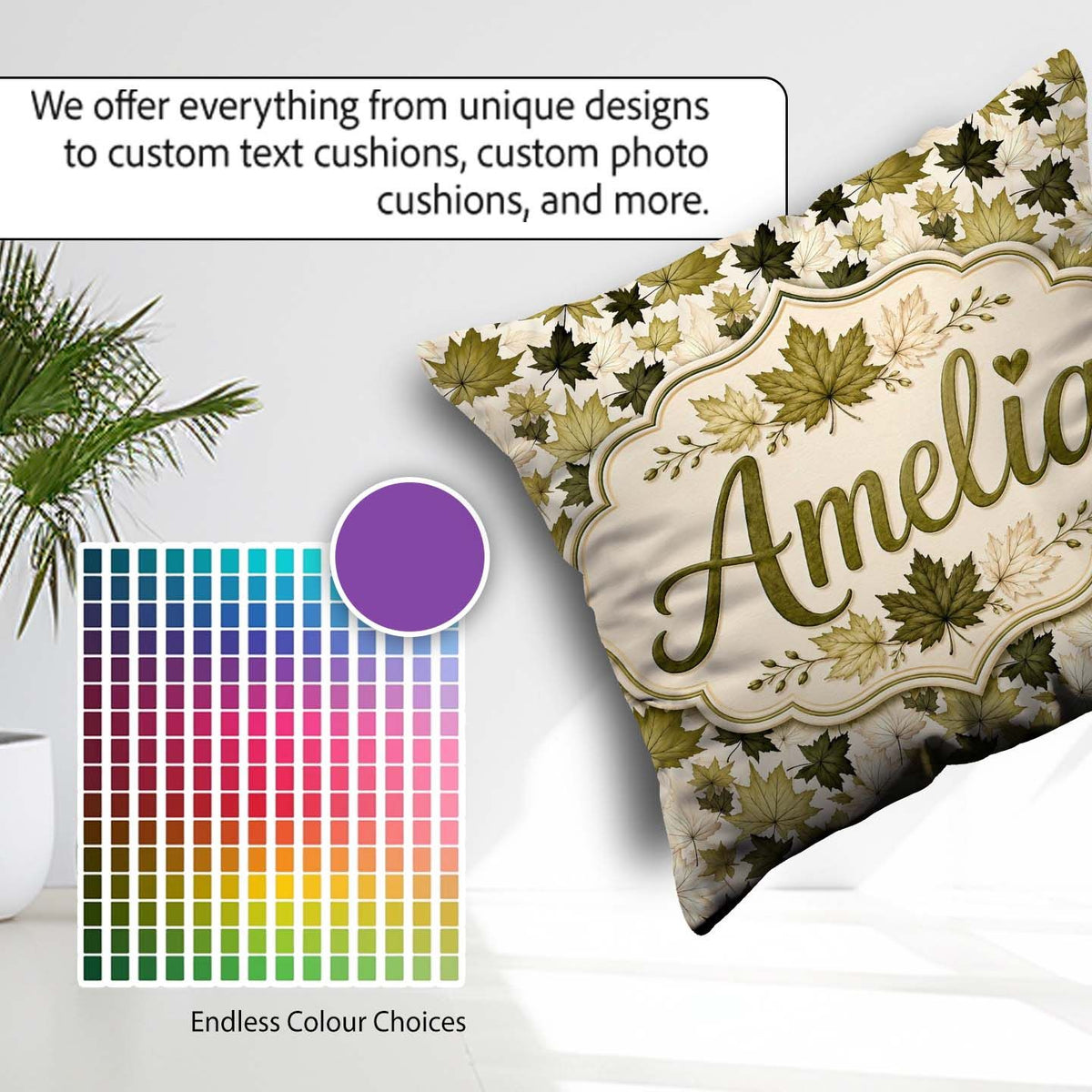 Custom Name Green and Cream Maple Leaf Pattern with Style Lovely Square Filled Cushion Throw Pillow Sofa Bed Home Decor Zip Washable UK Made