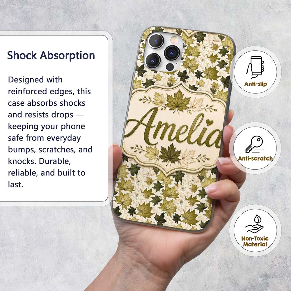 Green and Cream Maple Leaf Pattern with Natural Custom Name Protective Phone Case Mobile Cover Durable Everyday Smartphone Shock Resistant