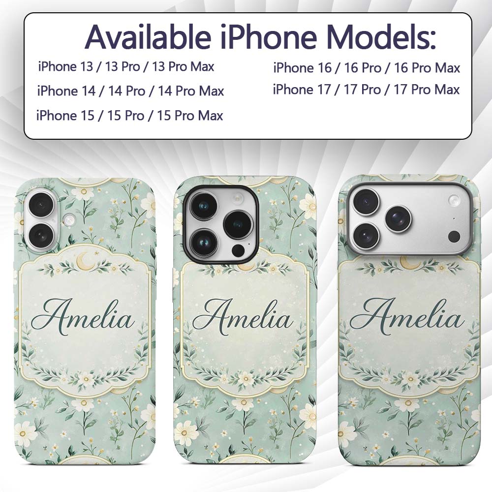 Green Floral Moon Seamless Pattern Charming Decor Custom Name Protective Phone Case Mobile Cover Durable Everyday Smartphone Shock Resistant