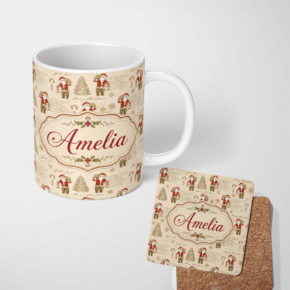 Personalized Custom Name Rustic Santa Claus Script Text Christmas Tree Seamless Pattern 11oz Ceramic Coffee Tea Mug White Large Handle