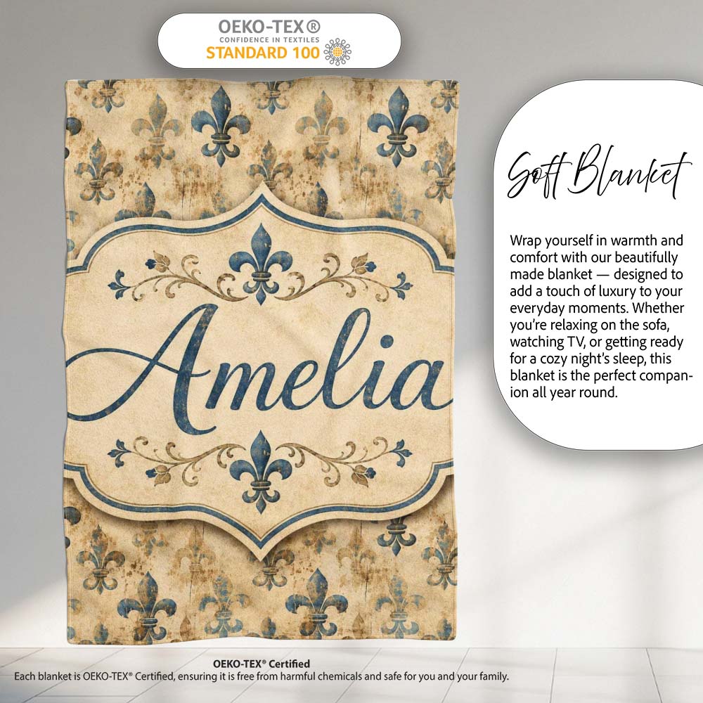 Elegant Neutral Fleur de Lis Pattern in Soft Beige Tones on Light Personalised Custom Name Super Soft Fleece Blanket Bed Sofa Throw