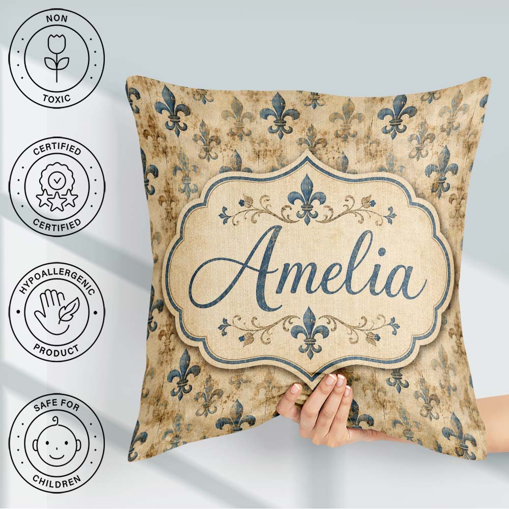 Custom Name Elegant Neutral Fleur de Lis in Beige Tones on Light Square Filled Cushion Throw Pillow Sofa Bed Home Decor Zip Washable UK Made