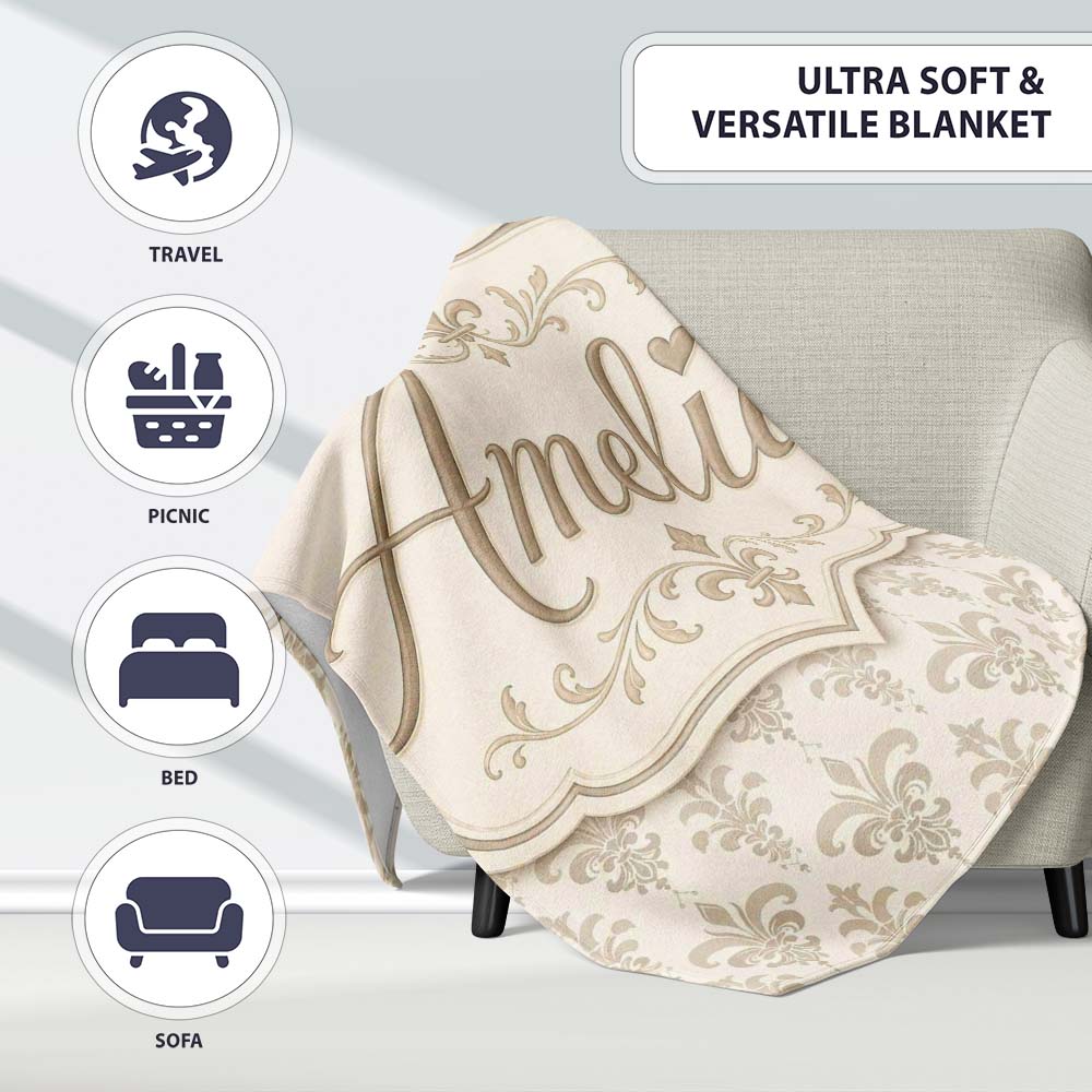 Decorative Fleur de Lis Pattern in Navy Red and Gold on Warm Beige Personalised Custom Name Super Soft Fleece Blanket Bed Sofa Throw