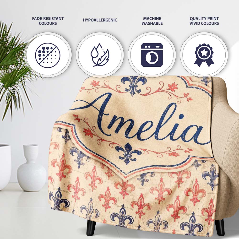 Vintage French Fleur de Lis in Red and Blue on Distressed Beige Personalised Custom Name Super Soft Fleece Blanket Bed Sofa Throw