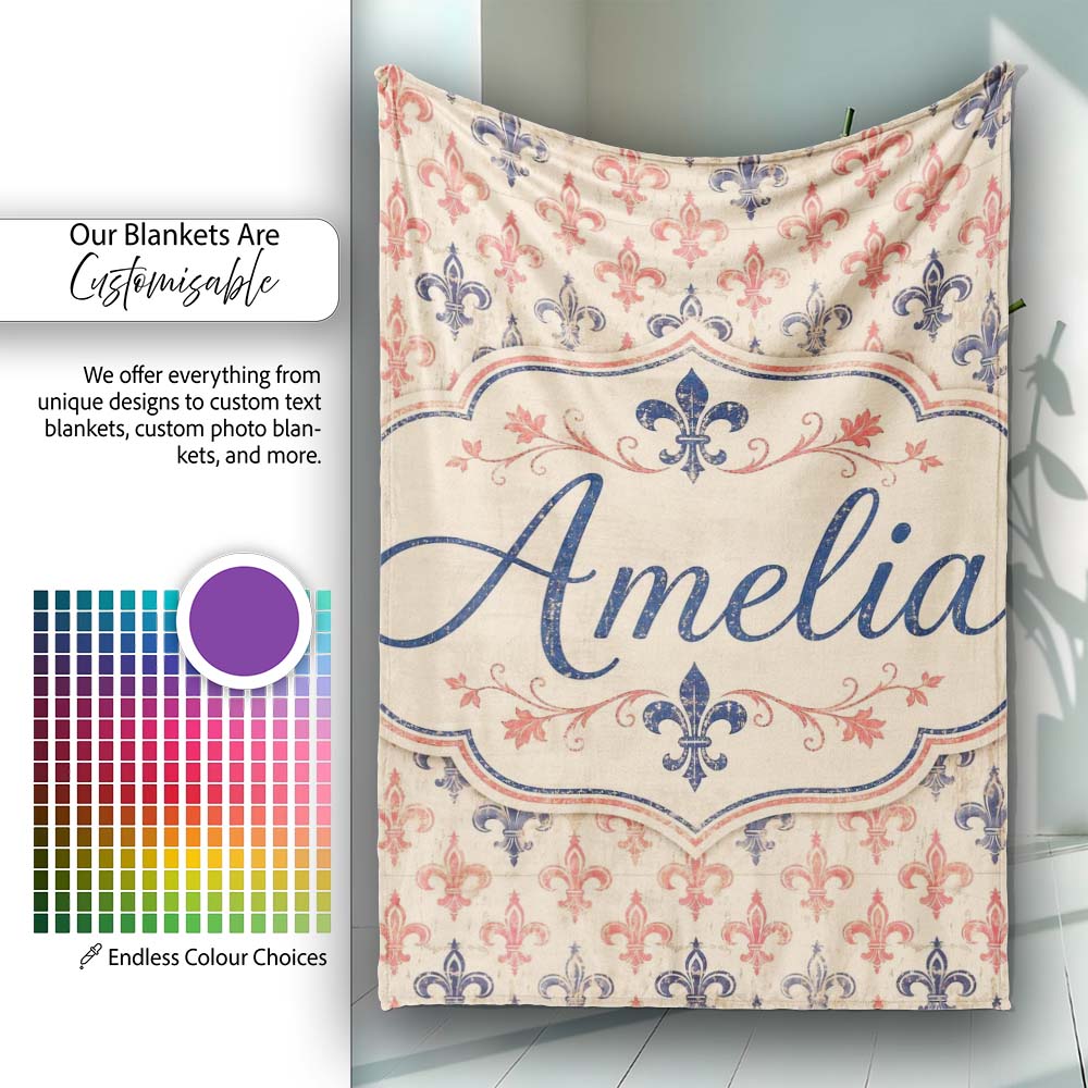 Vintage French Fleur de Lis in Red and Blue on Distressed Beige Personalised Custom Name Super Soft Fleece Blanket Bed Sofa Throw