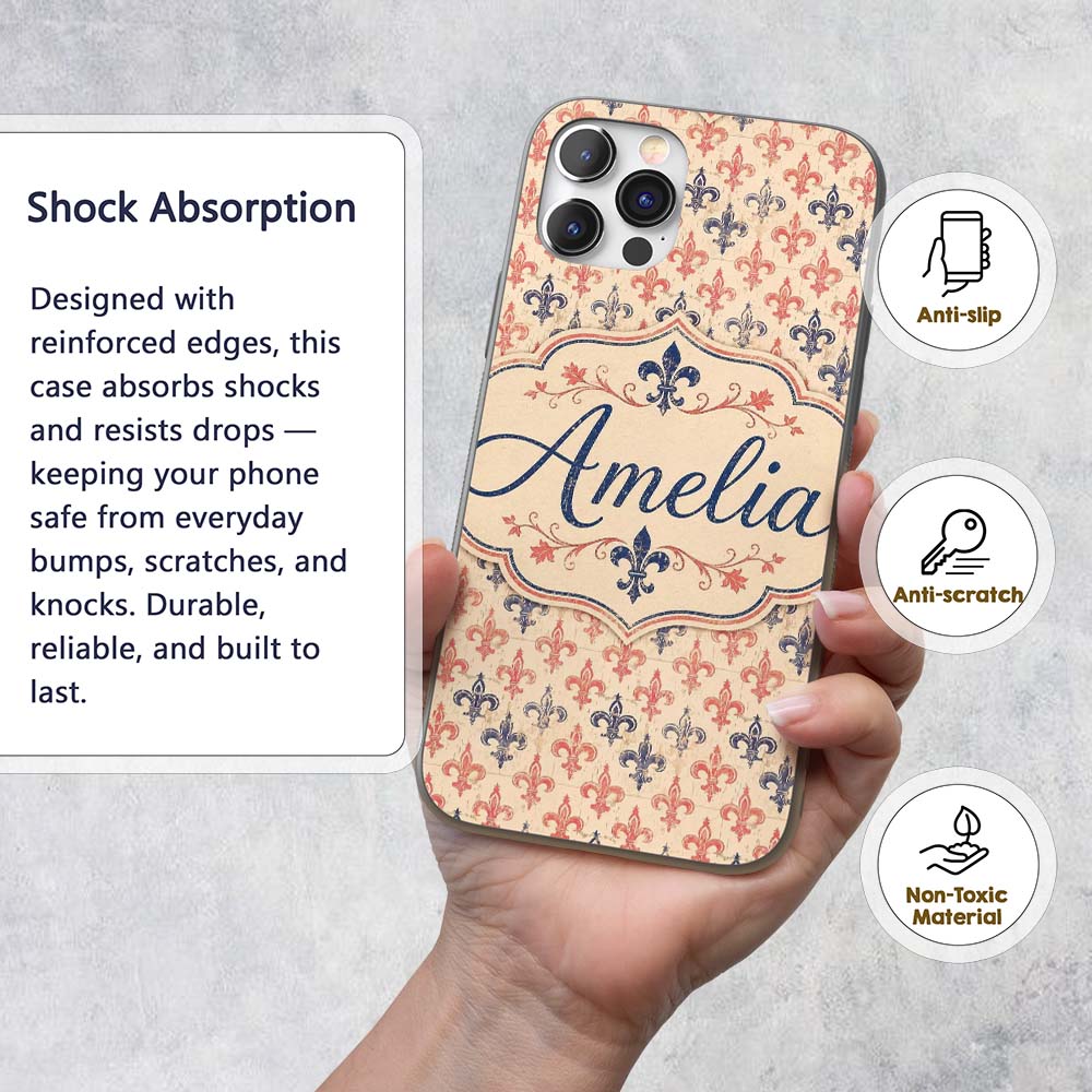 Vintage French Fleur de Lis in Red and Blue on Custom Name Protective Phone Case Mobile Cover Durable Everyday Smartphone Shock Resistant