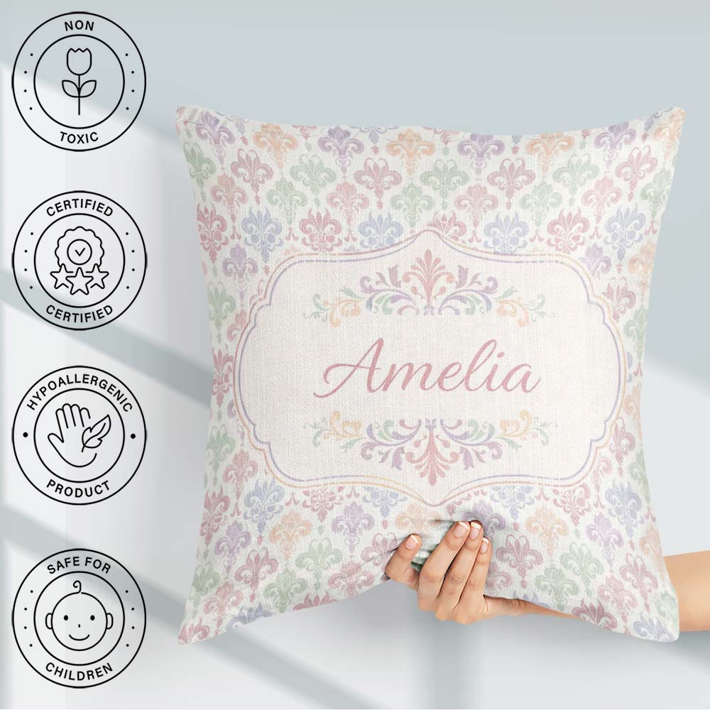 Custom Name Pastel Multicolor Fleur de Lis Pattern on Soft Cream Square Filled Cushion Throw Pillow Sofa Bed Home Decor Zip Washable UK Made
