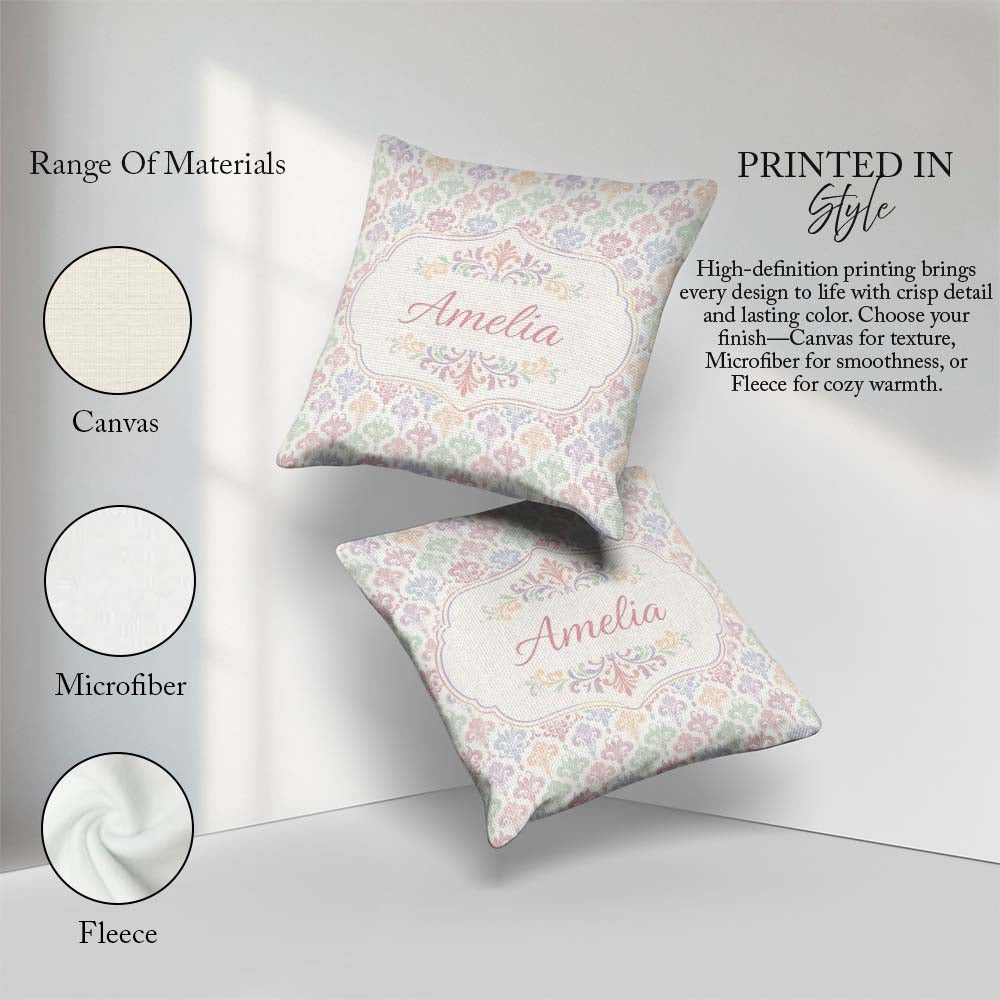 Custom Name Pastel Multicolor Fleur de Lis Pattern on Soft Cream Square Filled Cushion Throw Pillow Sofa Bed Home Decor Zip Washable UK Made