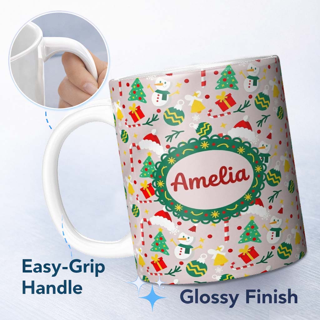 Personalized Custom Name Cute Snowman Tree Candy Cane Ornaments Holiday Seamless Pattern 11oz Ceramic Coffee Tea Mug White Large Handle