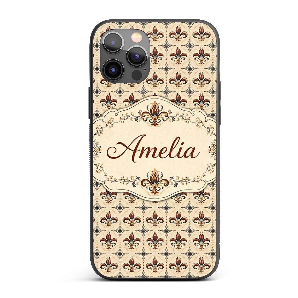 Ornate Red and Blue Fleur de Lis Tile Pattern Custom Name Protective Phone Case Mobile Cover Durable Everyday Smartphone Shock Resistant