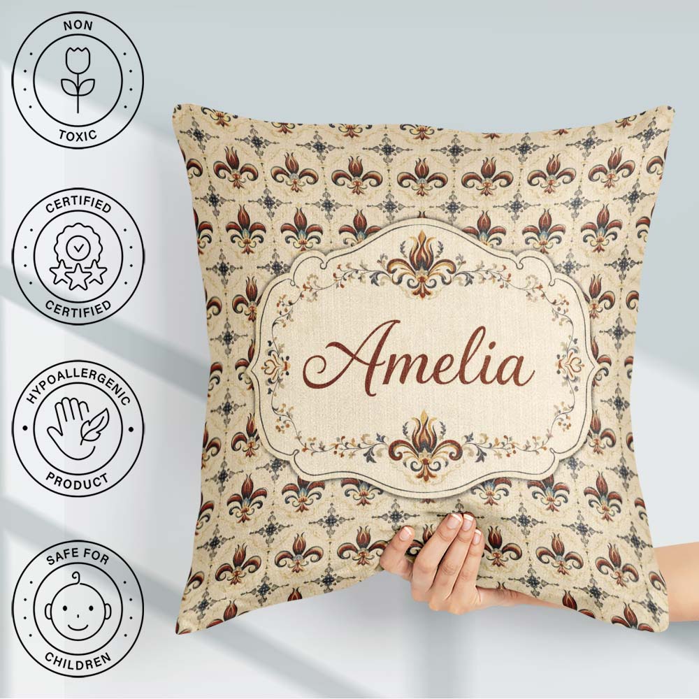 Custom Name Ornate Red and Blue Fleur de Lis Tile Pattern with Square Filled Cushion Throw Pillow Sofa Bed Home Decor Zip Washable UK Made