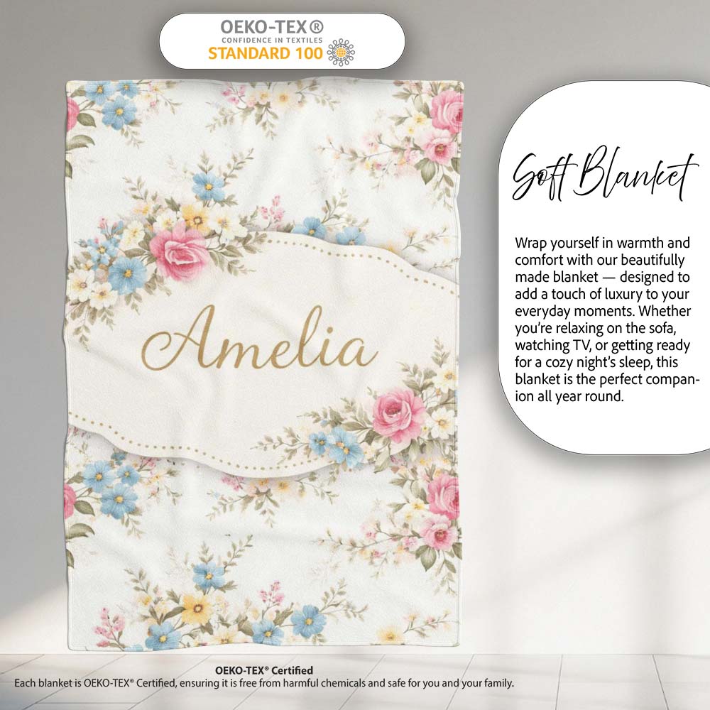 Vintage Pastel Floral Seamless Pattern Stylish Everyday Lovely Personalised Custom Name Super Soft Fleece Blanket Bed Sofa Throw