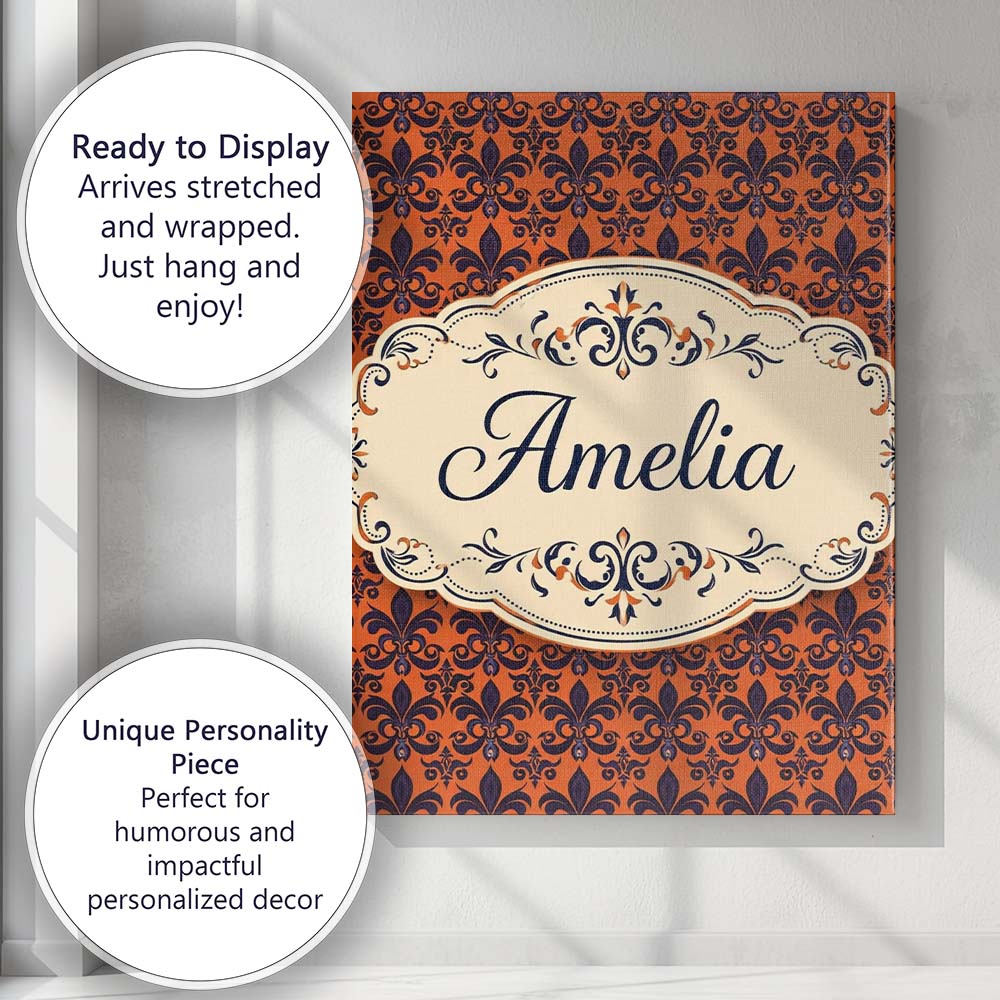 Personalised Name Dark Navy and Orange Custom Modern Room Accent Elegant Feature Canvas Wall Art Print Decor Picture Ready to Hang