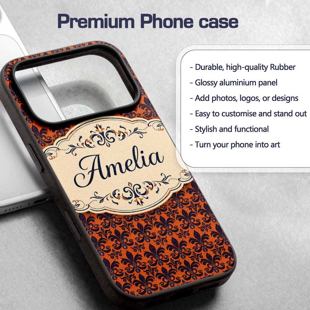 Dark Navy and Orange Floral Fleur de Lis Damask Custom Name Protective Phone Case Mobile Cover Durable Everyday Smartphone Shock Resistant