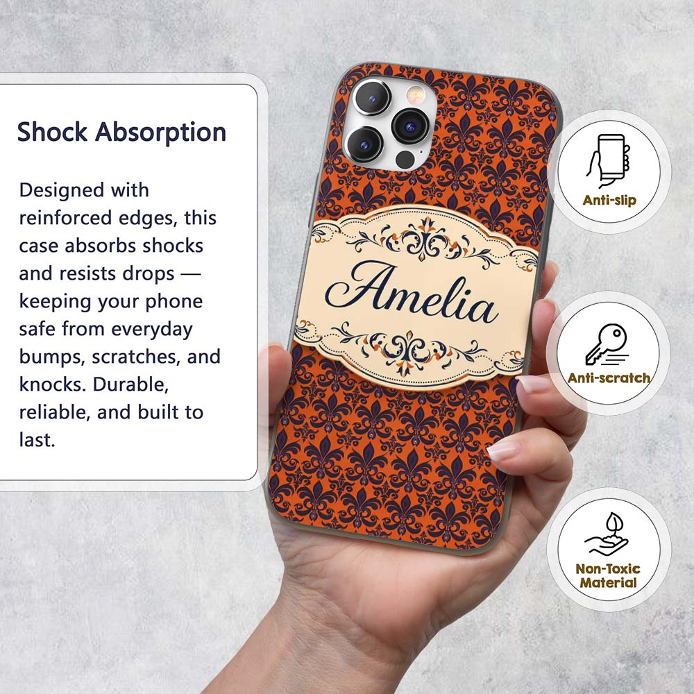 Dark Navy and Orange Floral Fleur de Lis Damask Custom Name Protective Phone Case Mobile Cover Durable Everyday Smartphone Shock Resistant