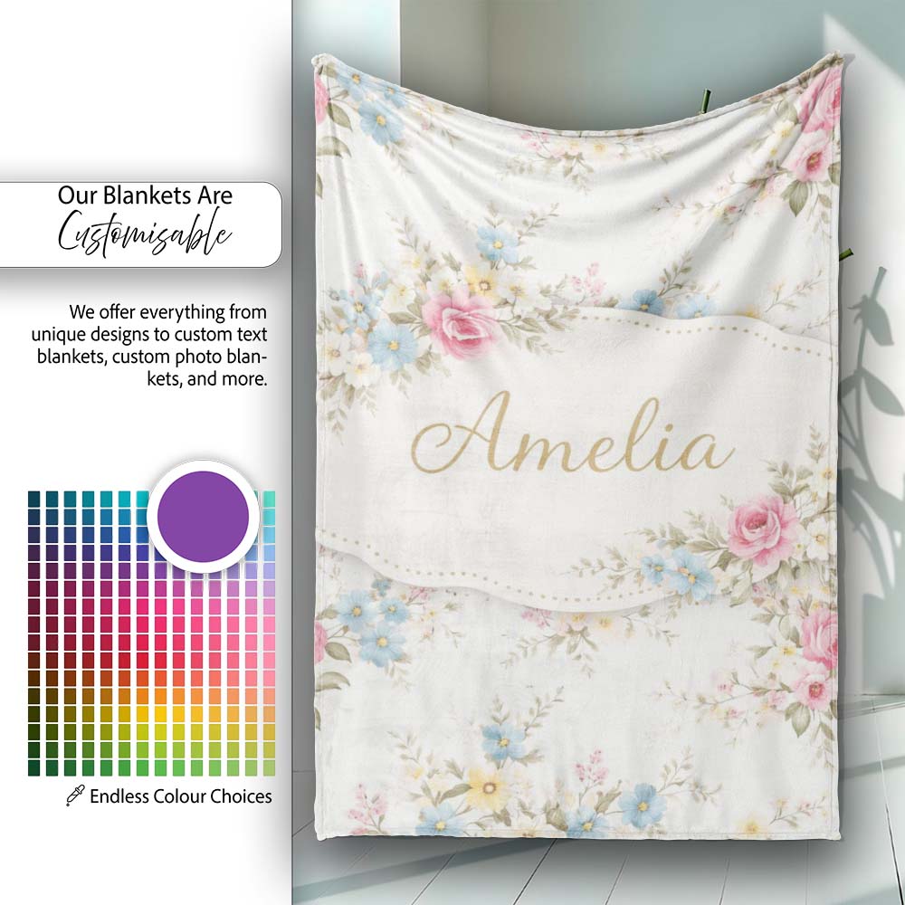 Vintage Pastel Floral Seamless Pattern Stylish Everyday Lovely Personalised Custom Name Super Soft Fleece Blanket Bed Sofa Throw