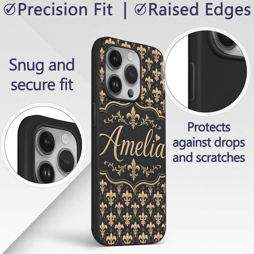 Elegant Gold Fleur de Lis Pattern Printed Design Custom Name Protective Phone Case Mobile Cover Durable Everyday Smartphone Shock Resistant