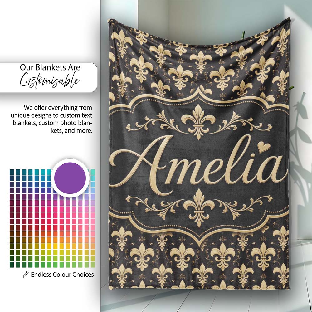 Elegant Gold Fleur de Lis Pattern on Black Background Classic Design Personalised Custom Name Super Soft Fleece Blanket Bed Sofa Throw