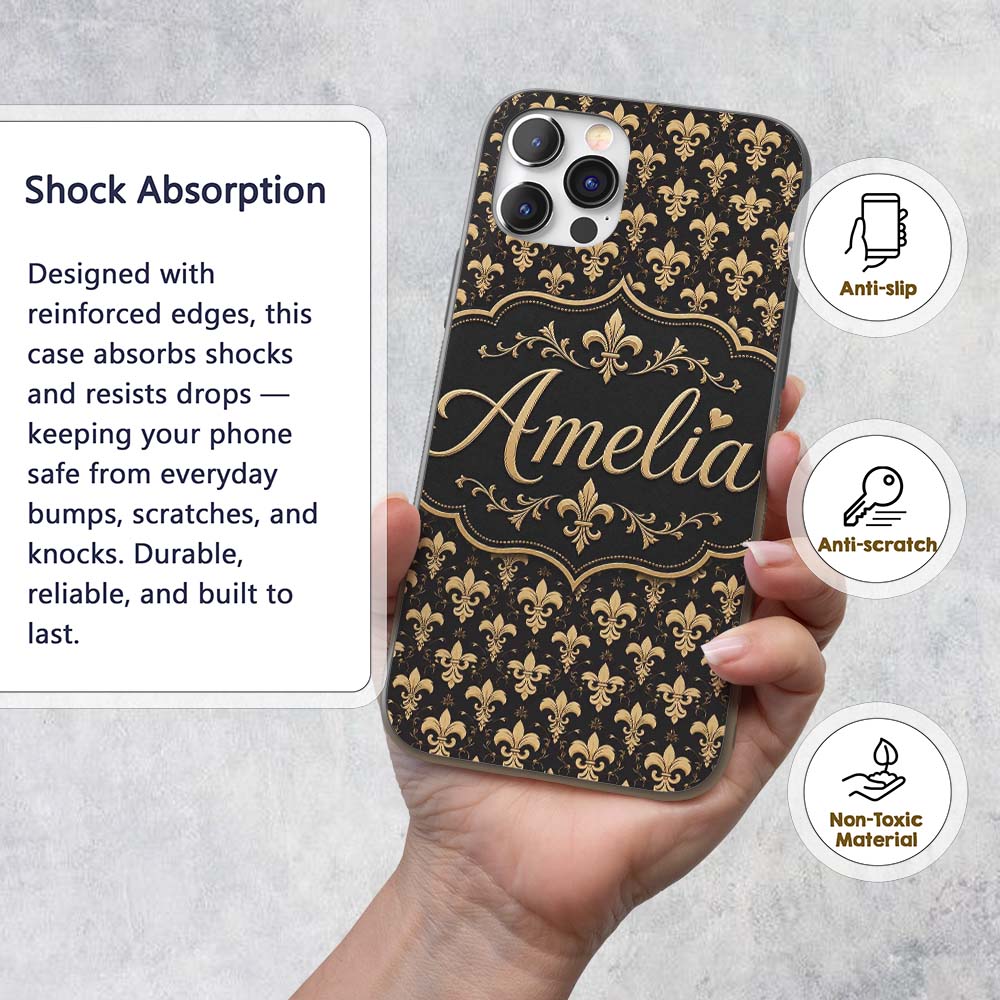 Elegant Gold Fleur de Lis Pattern Printed Design Custom Name Protective Phone Case Mobile Cover Durable Everyday Smartphone Shock Resistant