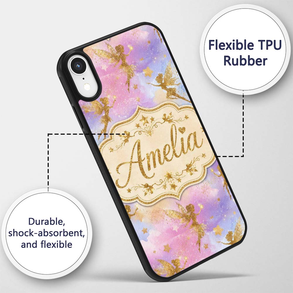 Magical Gold Fairy Silhouettes with Stars on Custom Name Protective Phone Case Mobile Cover Durable Everyday Smartphone Shock Resistant