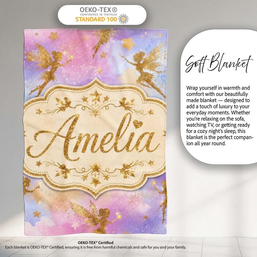 Magical Gold Fairy Silhouettes with Stars on Watercolor Sky Lovely Personalised Custom Name Super Soft Fleece Blanket Bed Sofa Throw