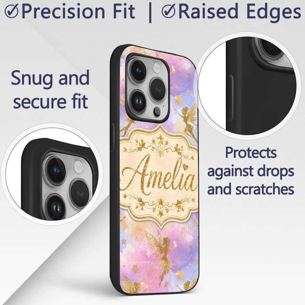 Magical Gold Fairy Silhouettes with Stars on Custom Name Protective Phone Case Mobile Cover Durable Everyday Smartphone Shock Resistant