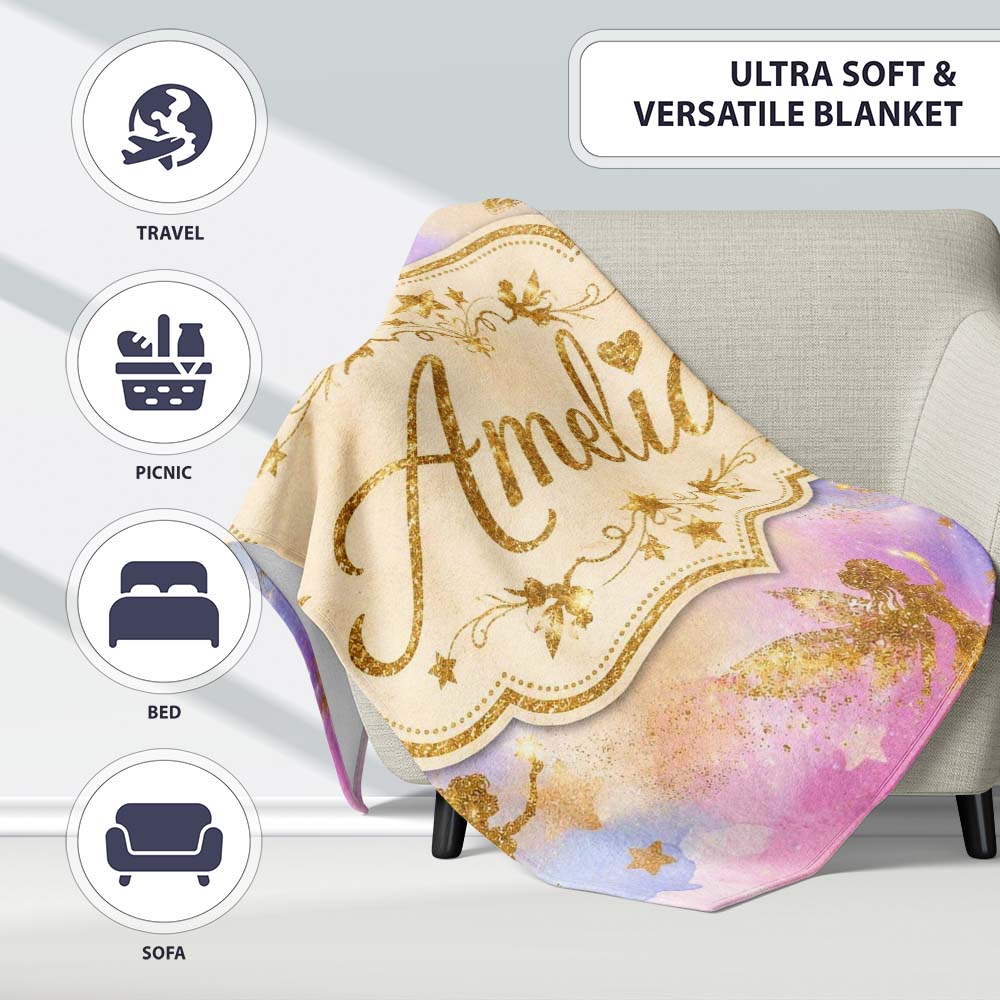 Magical Gold Fairy Silhouettes with Stars on Watercolor Sky Lovely Personalised Custom Name Super Soft Fleece Blanket Bed Sofa Throw