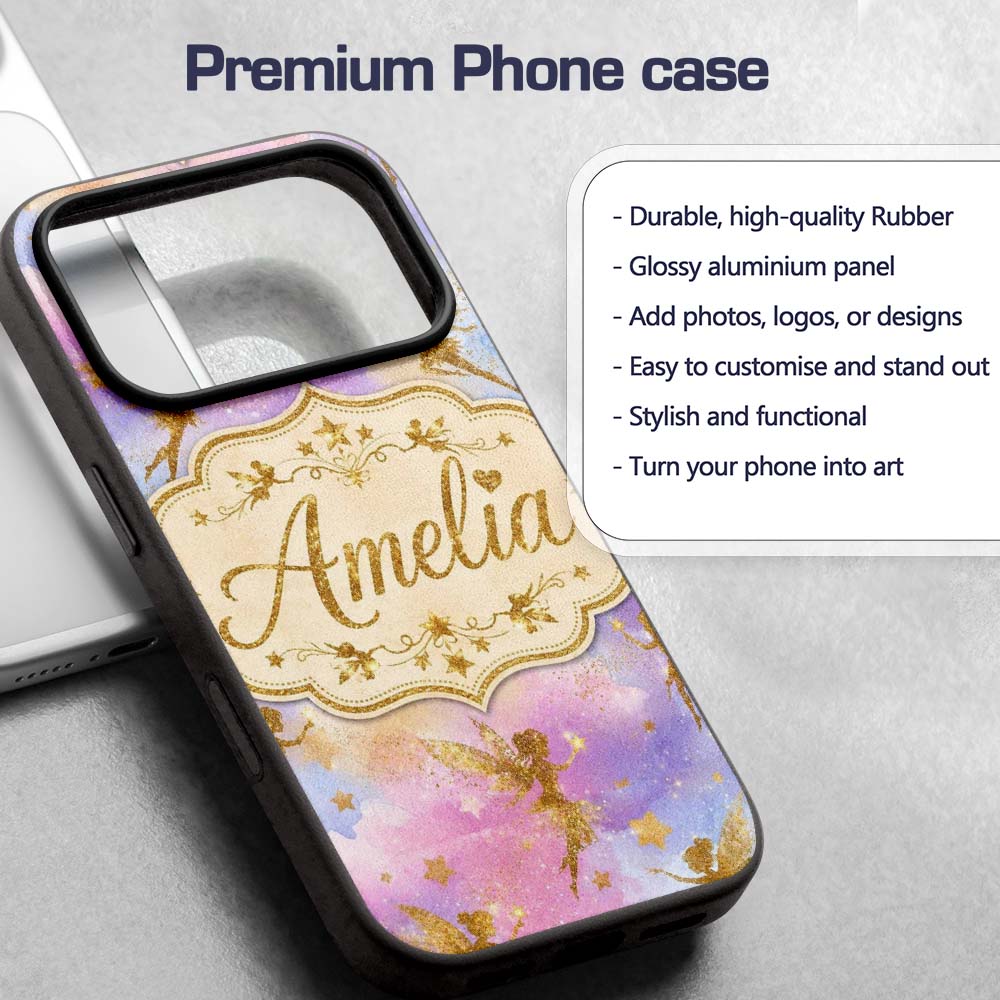 Magical Gold Fairy Silhouettes with Stars on Custom Name Protective Phone Case Mobile Cover Durable Everyday Smartphone Shock Resistant