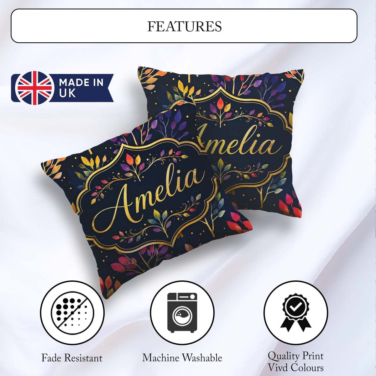 Custom Name Colorful Gradient Leaves and Branches on Dark Night Square Filled Cushion Throw Pillow Sofa Bed Home Decor Zip Washable UK Made