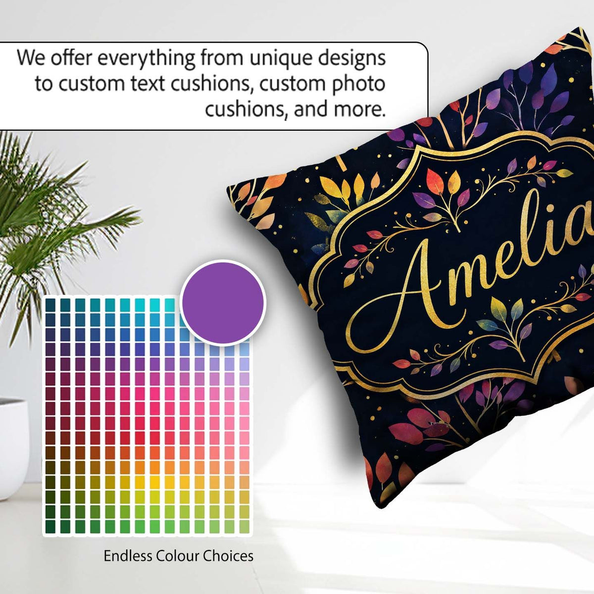 Custom Name Colorful Gradient Leaves and Branches on Dark Night Square Filled Cushion Throw Pillow Sofa Bed Home Decor Zip Washable UK Made