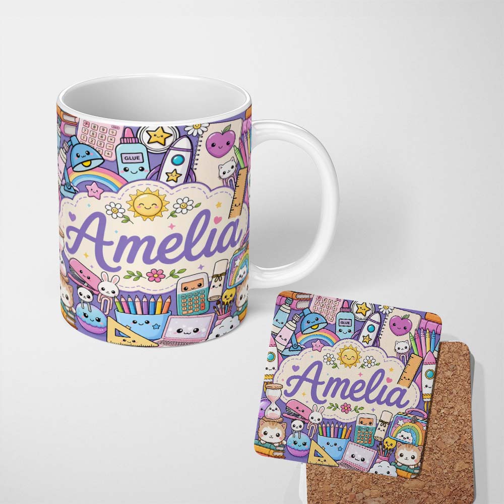 Personalized Custom Name Cute Kawaii School Supplies Rainbow Sun Globe Notebook Purple Lovely 11oz Ceramic Coffee Tea Mug White Large Handle