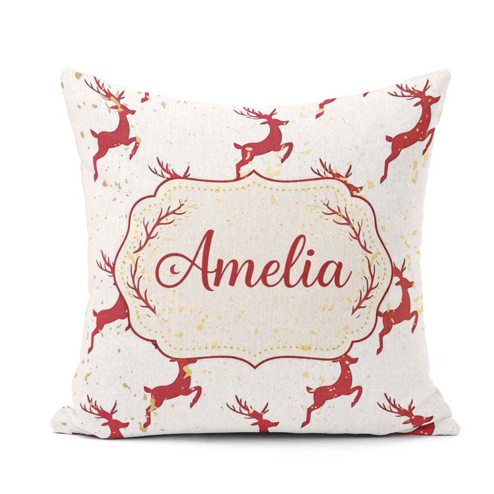 Custom Name Red Reindeer Christmas Seamless Pattern Cute Unique Square Filled Cushion Throw Pillow Sofa Bed Home Decor Zip Washable UK Made